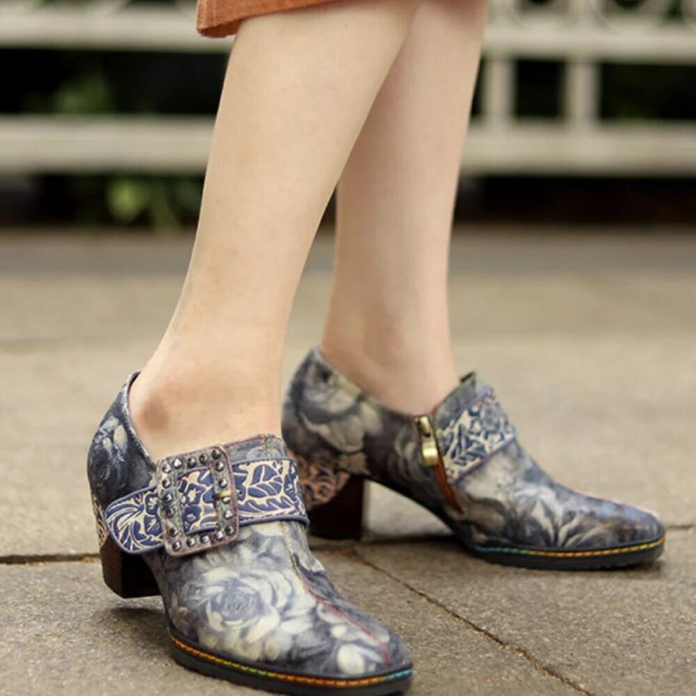 NWOT Gray Embossed Floral Buckle Leather Side Zip Loafer Bootie